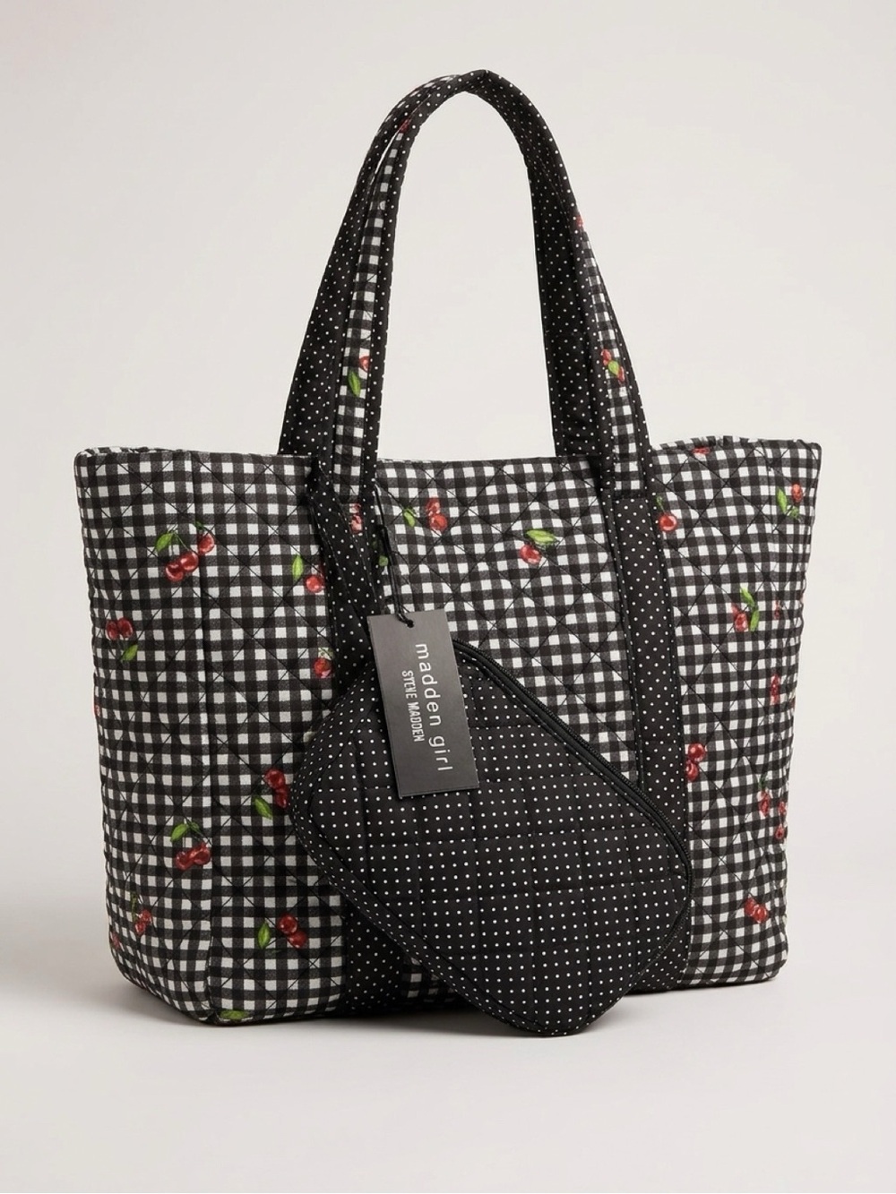 Steve Madden Black Gingham Tote with Red Cherry Print